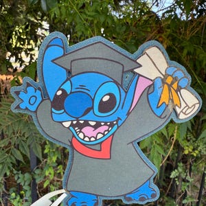 Topo de buquê de formatura Stitch | Topo de morango com glitter | Topo de bolo de formatura Stitch | Decoração para festa de formatura Ohana