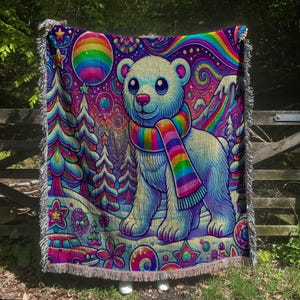 Colorful Psychedelic Polar Bear Woven Blanket, Fringed, Cozy, Tapestry, Throw Blanket