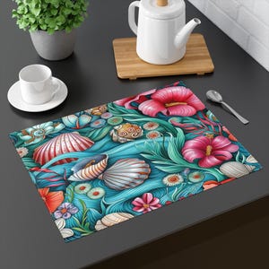 Fabric Placemats Seashells, Seaside, Beach- Table Decorations, Tablescape, Table Setting 18x14 inch - Poly Twill - Save on Multipacks