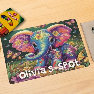 Rainbow Elephant NEOPRENE Placemat - Kid's Personalized, Watercolor, 10x16 inch - non skid rubber-backed - Fabric Top
