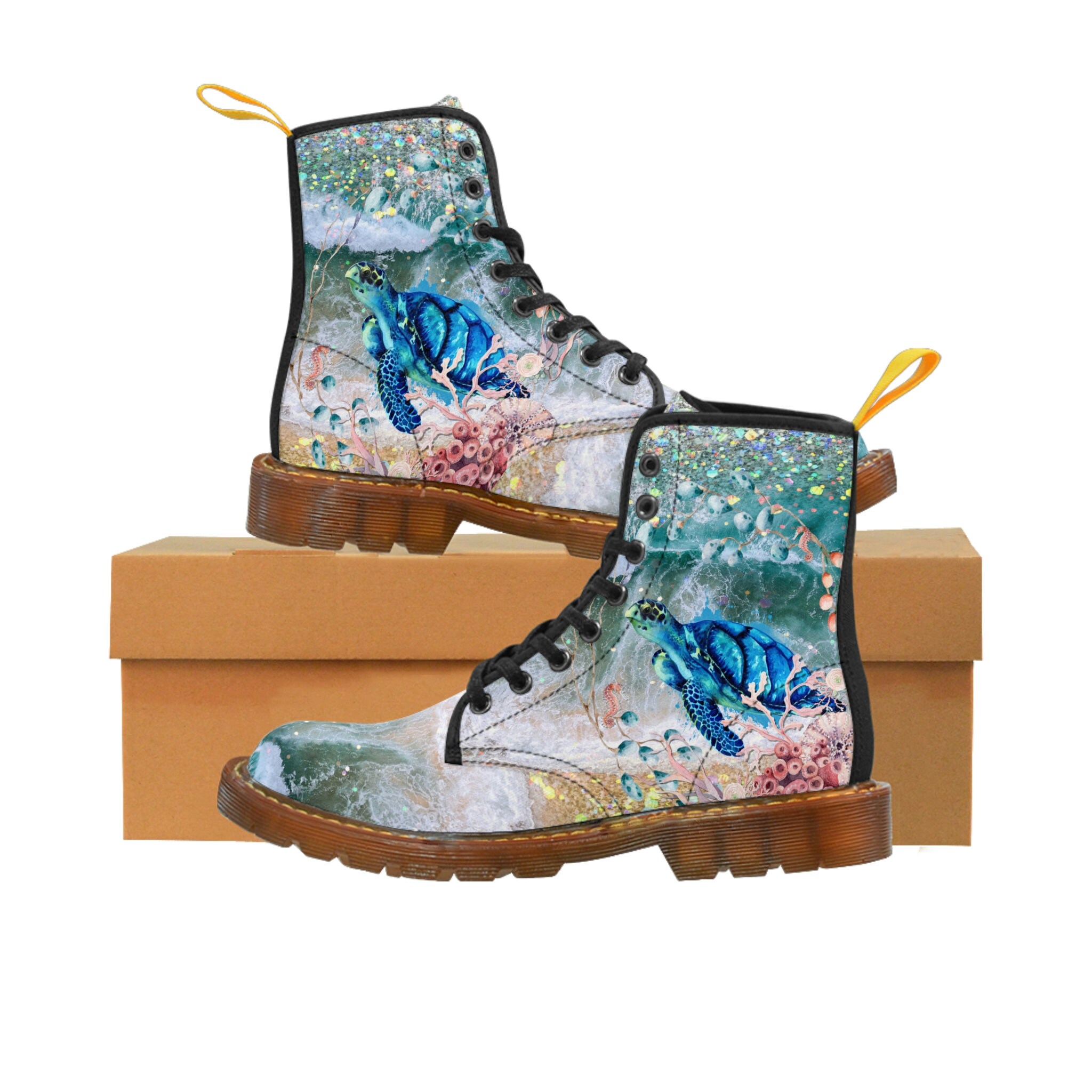 Turtle Shell Boots Tropical Sea Turtle Print Women's Martin Boots, Work Boots, Hiking ...