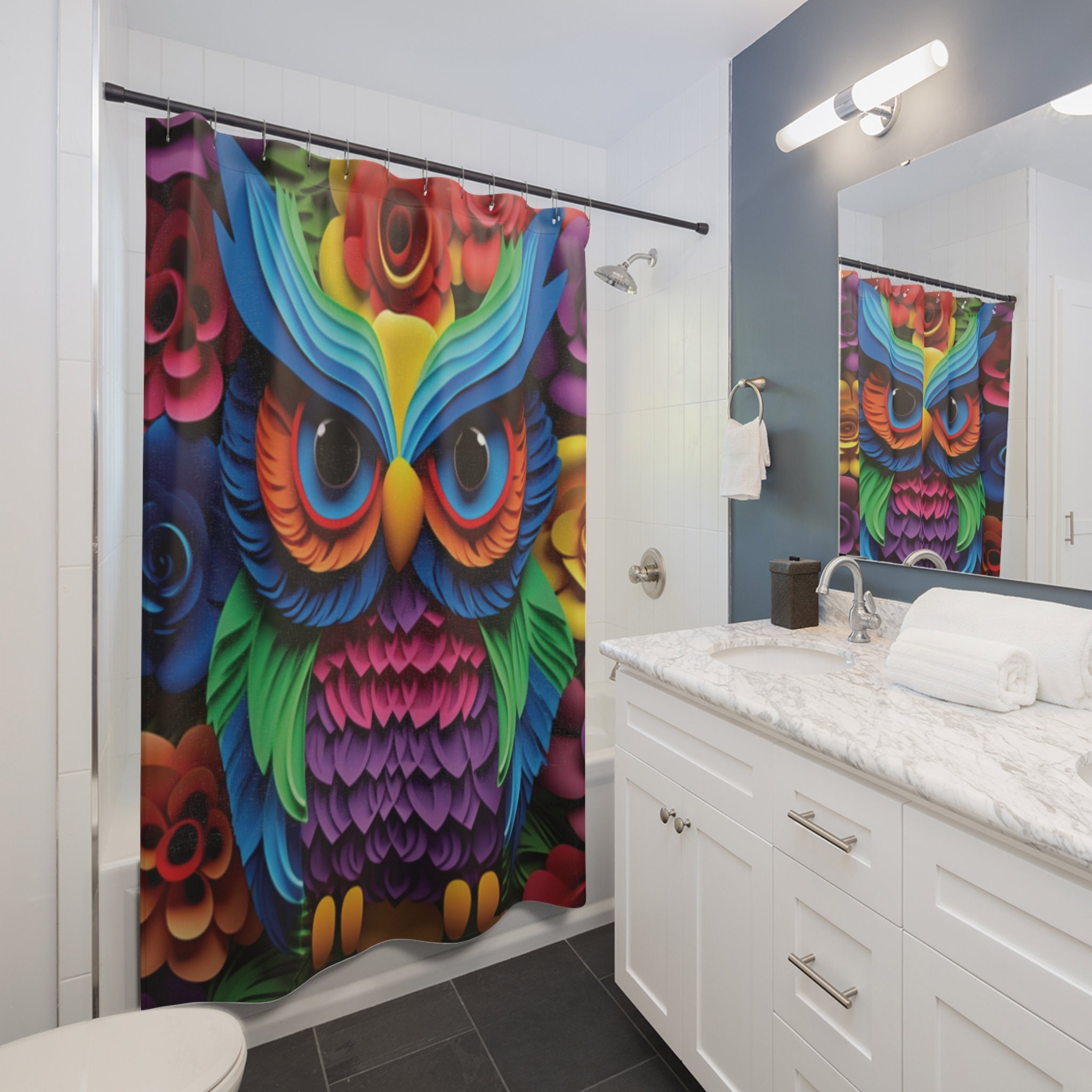 3D Looking Owl Cartoon Printed Design Shower Curtain Bathroom Decor  - 71x78 inch - Printed & Sh