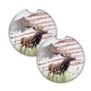 Deer Elk Hunting Gloss Sandstone Car Coasters Set of 2 - Gloss finish, Car Cup Holder Coaster2 1/2 inch diameter
