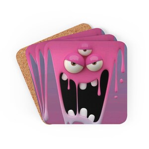 Pink Monster Face Cartoon Corkwood Coaster Set of 4 Bar, Cocktails, Mug, Drinks