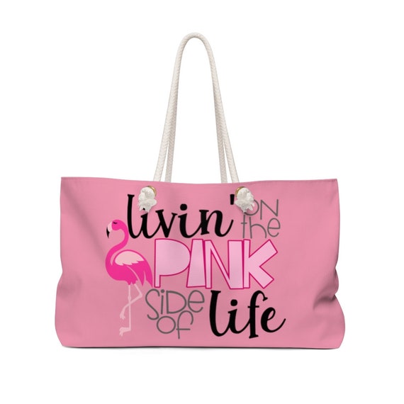 Grand sac cabas de week-end en toile flamant rose Living on the
