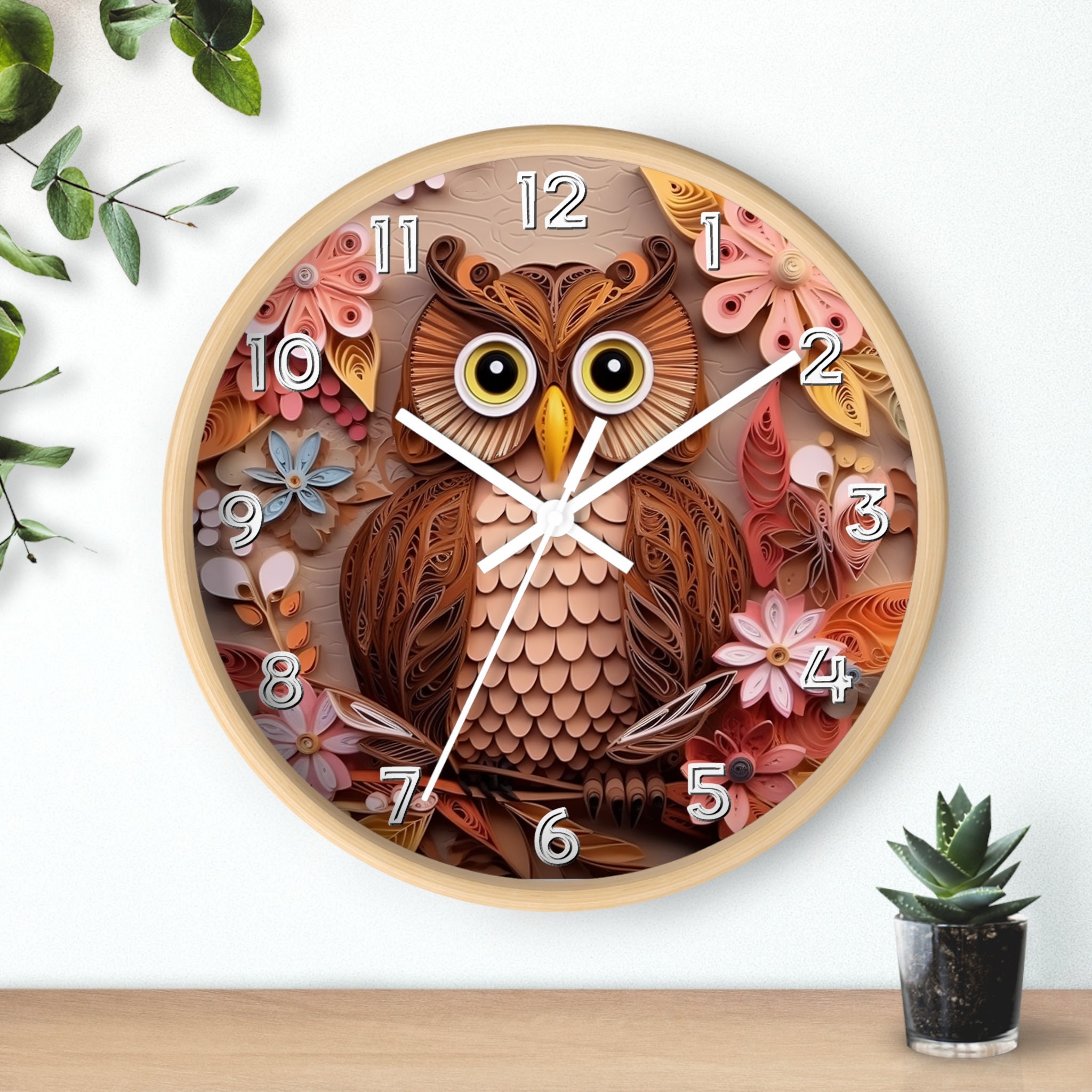 Owl 3D Printed Design Wall Clock - Natural  Wood Frame - 10 inch
