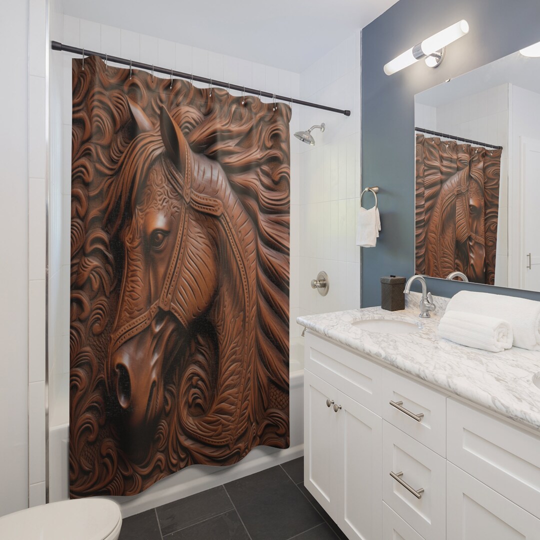 3D Printed Horse Tooled Leather Printed Design Shower Curtain Bathroom