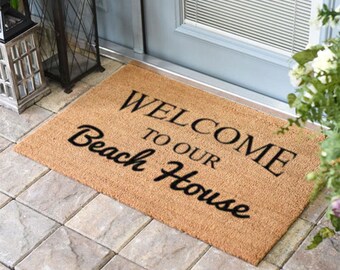 Door Mat - Welcome to our Beach House ... natural coir - 5/8 inch thick - all-weather vinyl backing - Made in the USA