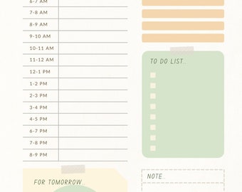 May include: A printable daily planner with a green and yellow color scheme. The planner includes sections for today's schedule, top priorities, to do list, and notes. The planner also includes a section for tomorrow's schedule. The text "Digital printable planner" is written in a circle on the bottom left corner of the planner.