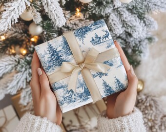 Blue & White Toile Wrapping Paper Chinoiserie Christmas Gift Wrap Winter Village Luxury Holiday Paper Roll