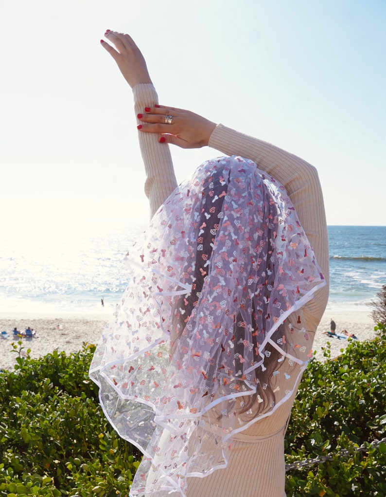 May include: A white bridal veil with a pink and white pattern of hearts and other shapes. The veil is made of tulle and has a white satin trim.