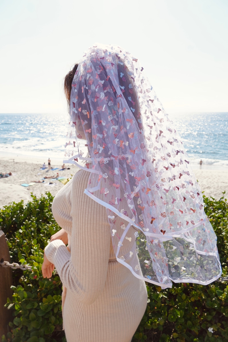 May include: A white tulle veil with pink and silver glitter hearts and other shapes. The veil is worn by a person standing on a beach.