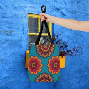 Bolso tote étnico azul con diseño de flor de mandala: estilo bohemio, hippie, para playa, de verano, para yoga.