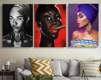 Set of 3 Modern African Women Canvas Print Wall Art,African Woman Art,African Home Decor,Living Room Decorr,Trendy Art,African American Art