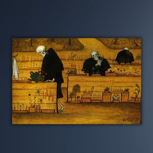 May include: A painting of three skeletons in black robes tending to a garden of flowers. The painting is set against a yellow background and is framed in a dark wood frame.