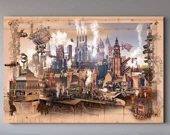 Stampe su tela in stile steampunk, stampe su tela vintage, decorazioni murali in stile steampunk, decorazioni murali per ufficio e casa con macchine industriali retrò, decorazioni artistiche vintage