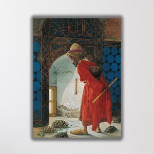 May include: A painting of a man in a red robe and a turban standing in a doorway. He is looking down at a group of turtles on the floor. The doorway is decorated with intricate tile work.
