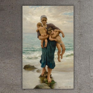 Póster de la esposa del pescador y sus hijos bañándose/arte de pared en lienzo, impresión artística de VIRGINIE DEMONT-BRETON, impresión de reproducción, arte de póster vintage