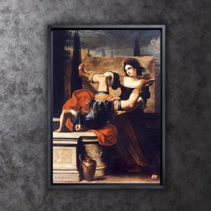 May include: A black framed canvas print of a painting depicting two figures in a historical setting. The figures are dressed in period clothing and are interacting with each other. The painting is set against a backdrop of a building and a sky.