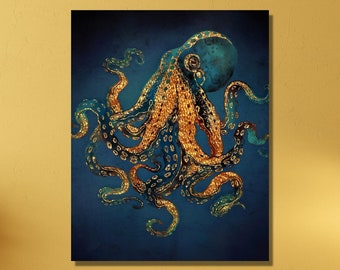 Muurdecoratie met octopus, Canvasprint met octopus, Schilderij van een wilde octopus, Muurdecoratie met octopus op canvas, Octopusposter, Grote dierenmuurdecoratie, Muurdecoratie voor op kantoor