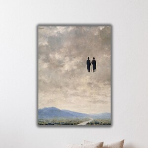 René Magritte L'Art de la Conversation Poster Wall Art, Rene Magritte artes Canvas, Flying Men Canvas Art Print, Reprodução Print Wall Art