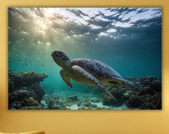 May include: A green sea turtle swims through clear blue water with sunlight shining through the surface. The turtle is swimming over a coral reef.