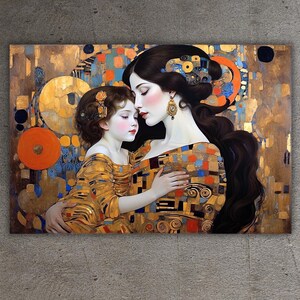 母と子のポスタープリントキャンバスウォールアート、グスタフ・クリムトスタイルの母と子の絵画、グスタフ・クリムトのアートワーク、モダンなウォールアートデコレーション