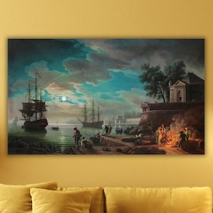 Claude Joseph Vernet seaport by moonlight Art Canvas Wall Art,Claude Joseph Vernet Seaport by moonlight Poster Print Art,Gift for Sailors