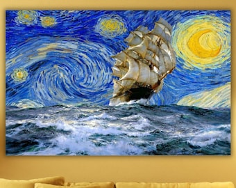 Montague Dawson The Proud Ship Canvas Wall Art,Vincent Van gogh Starry Night Collage,Pirates Ship Print Art,Sailboat Canvas,Gift for Sailor