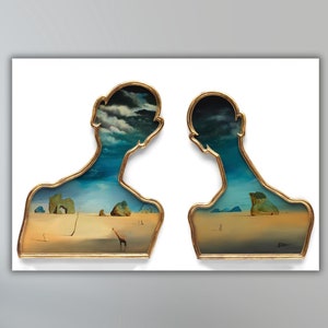 May include: A surrealist painting depicting two figures with a desert landscape inside their heads. The figures are facing each other, and the desert landscape is filled with rocks, a giraffe, and a cloudy sky.