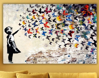 Arte de pared con diseño de mariposas de Banksy, arte de pared de princesa, regalo de arte callejero de grafiti para niña, arte impreso de niña, decoración de arte de pared en lienzo de Banksy