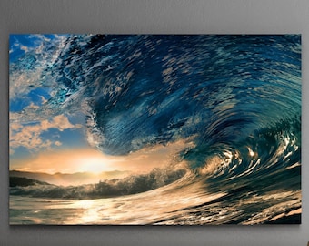 Cuadro de pared con olas del océano azul, lámina de arte de olas en lienzo, cuadro de pared extragrande con olas, diseño de arte de pared con playa, océano y arena blanca en lienzo.