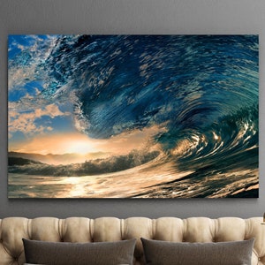 Płótno ścienne z błękitnymi falami oceanu, wydruk artystyczny na płótnie z falami, bardzo duży obraz ścienny z falami, płótno ścienne z białym piaskiem i morzem