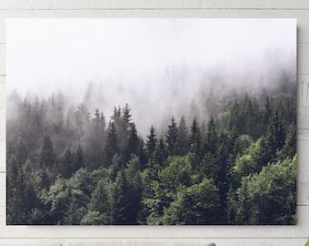 May include: A photograph of a misty forest with tall green trees. The image is printed on a canvas and framed with a white border.