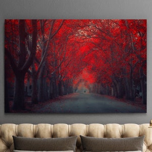 Beautiful Red Tree Park Print,Red Leaves Forest Canvas Wall Art,Landscape Canvas Print Art,Modern Wall Art,Living Room Home Wall Decor Print