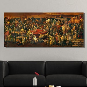 May include: A large, colourful painting depicting a gathering of people from different historical periods and cultures. The painting is set against a backdrop of a cityscape and includes figures from ancient Egypt, the Renaissance, and modern times.
