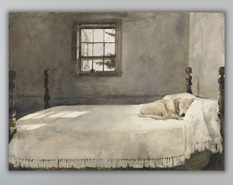 Master slaapkamer Andrew Wyeth hond slapen in bed Giclee Poster Art Print, Andrew Wyeth schilderij canvas, spirituele moderne canvas Wall Art Print