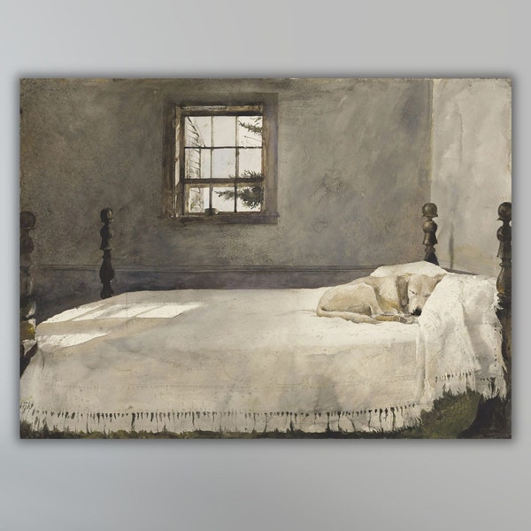 Master Bedroom Andrew Wyeth Dog Sleeping in Bed Giclee Poster Art Print,Andrew Wyeth Painting Canvas,Spiritual Modern Canvas Wall Art Print