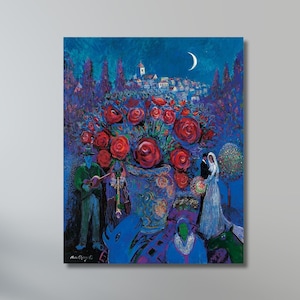 Marc CHAGALL Roses Canvas Wall Art, Impresión de lienzo surrealista, Arte de pared en lienzo con flores de Chagall, Póster de exposición, Arte de pared surrealista en lienzo