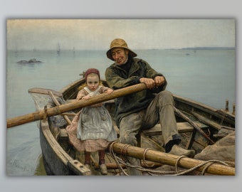 Emile Renouf Helping Hand 1881 Poster Print Art Canvas Wall Art,Emile Renouf Art Print,Vintage Poster Art,Old Fisherman Helping Young Girl