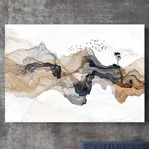 Abstract Mountain Poster Art,Japanese Landscape Painting of Abstract Mountain Canvas Wall Art,Distant Mountains,Japan Print Art Wall Decor