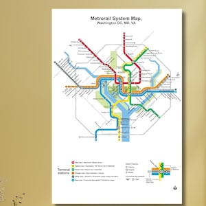 May include: A white rectangular wall print featuring the Metrorail System Map of Washington DC, MD, VA. The map displays colorful transit lines including red, yellow, green, orange, blue, and silver, with a legend for terminal stations and symbols.