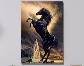 黒馬の肖像画：筆致の馬のプリント、金色の額縁に入った絵画風の壁掛け