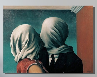 The Lovers Kissing Poster Canvas Wall Art By Rene Magritte,René Magritte Artworks,Reproduction Print Wall Art,Trendy Modern Wall Art Decor
