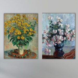 Set of 2 Claude Monet Flowers Poster Art Canvas,Chrysanthemums and Jerusalem Artichoke Flowers Poster Art Print,Claude Monet Fleurs Poster