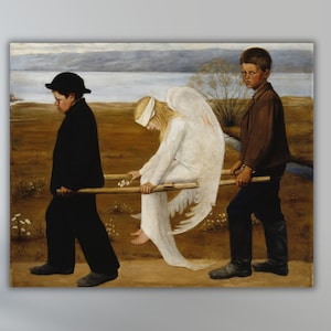May include: A painting depicting three figures walking across a field. A young boy wearing a black coat and hat leads the way, followed by a woman with white wings and a blindfold, and another young boy in a brown coat and hat. The woman is seated on a stretcher being carried by the two boys.