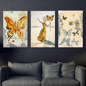 Set of 3 Salvador Dali Butterflies Canvas Wall Arts,Salvador Dali Butterflies Poster Wall Art,Salvador Dali Artworks,Famous Art Paintings