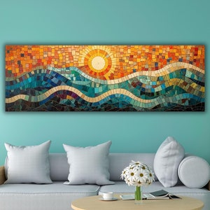 Mid-Century Modern Poster/Canvas Framed,Large Wide Panoramic Wall Art Above Couch,Big Horizontal Canvas For Living Room,Boho Wall Art Ocean