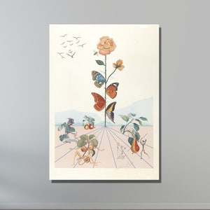Póster vintage de mariposa y rosa de Salvador Dalí, arte de pared en lienzo, reproducciones de pinturas de Salvador Dalí, arte impreso de Dalí, arte abstracto de pared en lienzo