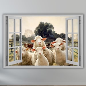 May include: A window with a view of a field with sheep looking out at the viewer. The sheep are white with black noses and hooves. The field is green with a fence in the background. The window is white with a wooden frame.